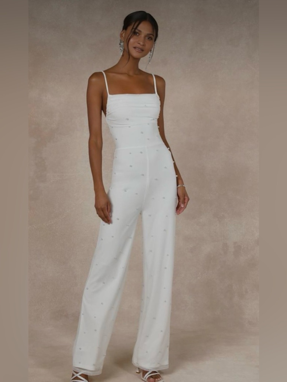 Lulus NWT Unbelievably Divine Mesh Pearl   White Lace Back Jumpsuit M